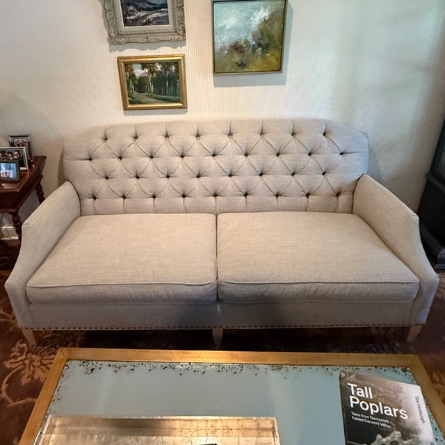 Tufted Back Taylor King Sofa Straight arms and nailhead tape complement this linen two seat sofa. In excellent, ready to...