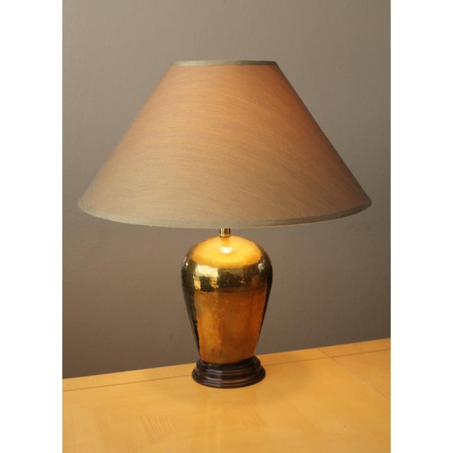 MONUMENTAL! TWENTIETH CENTURY HAMMERED BRASS CHINESE TABLE LAMP! 26" by 23" STUNNING SILK SHADE! This gorgeous lamp...