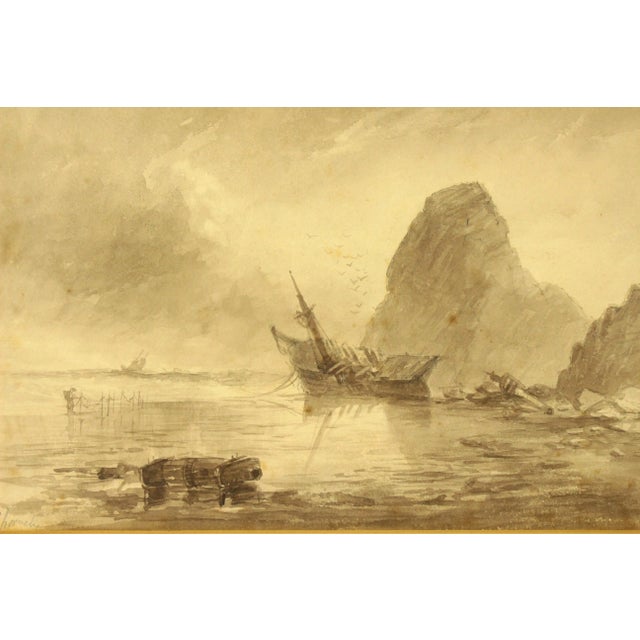Realism Antique Charles Thornely British Brown Ink Wash Drawing of a Cornwall Rocky Shore W. Shipwreck For Sale - Image 3 of 8