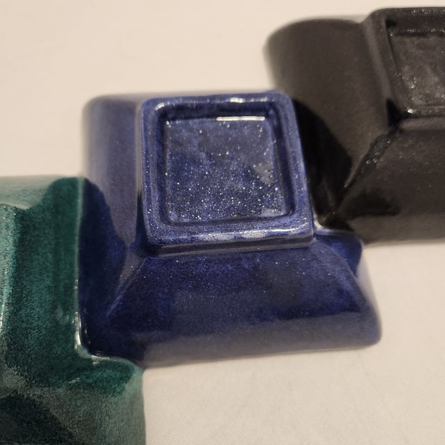 Purple 1990s Mid-Century Modern Triple Sectional Stoneware Appetizer Tray – Teal, Purple, Black Reactive Glaze - Set of 3 For Sale - Image 8 of 10