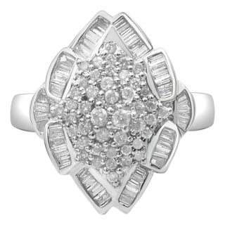 14K White Gold 7/8 Cttw Round and Baguette-Cut Diamond Cluster Ring, Size 7 For Sale