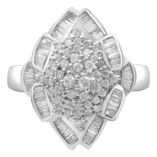 14K White Gold 7/8 Cttw Round and Baguette-Cut Diamond Cluster Ring, Size 7 For Sale