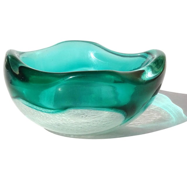Beautiful and rare, vintage Murano hand blown green and white ribbons Italian art glass decorative bowl, vide-poche. The...
