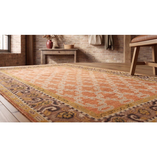 Textile 6x9 Yellow Hand-Knotted Wool Trellis Motif Geometric Modern Carpet Rug For Sale - Image 7 of 9