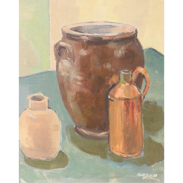 Painted in beautiful tones, this painting comes in the original wooden and linen frame.