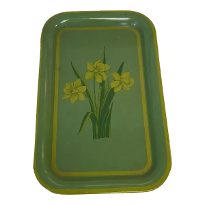 Vintage 1960s Small Painted Metal Tray With Daffodils Design