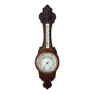Antique Edwardian Carved Oak Aneroid Barometer, 1900s For Sale