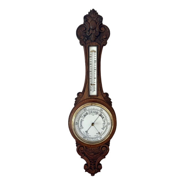 Antique Edwardian Carved Oak Aneroid Barometer, 1900s For Sale
