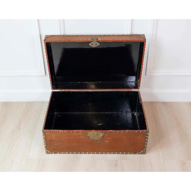 French French 19th Century Leather-Lined Trunk with Brass Studs For Sale - Image 3 of 9