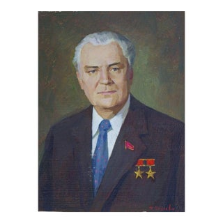 Vintage Male Portrait Oil Painting, Soviet Ukrainian Art on Cardboard 32-24 For Sale