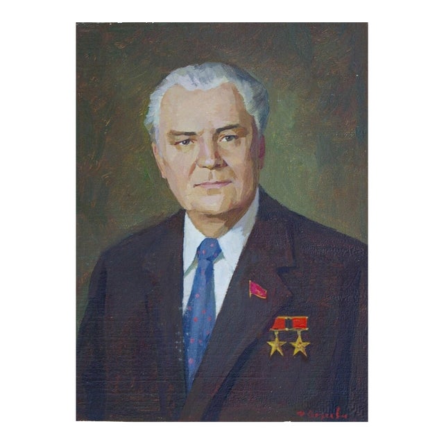 Vintage Male Portrait Oil Painting, Soviet Ukrainian Art on Cardboard 32-24 For Sale