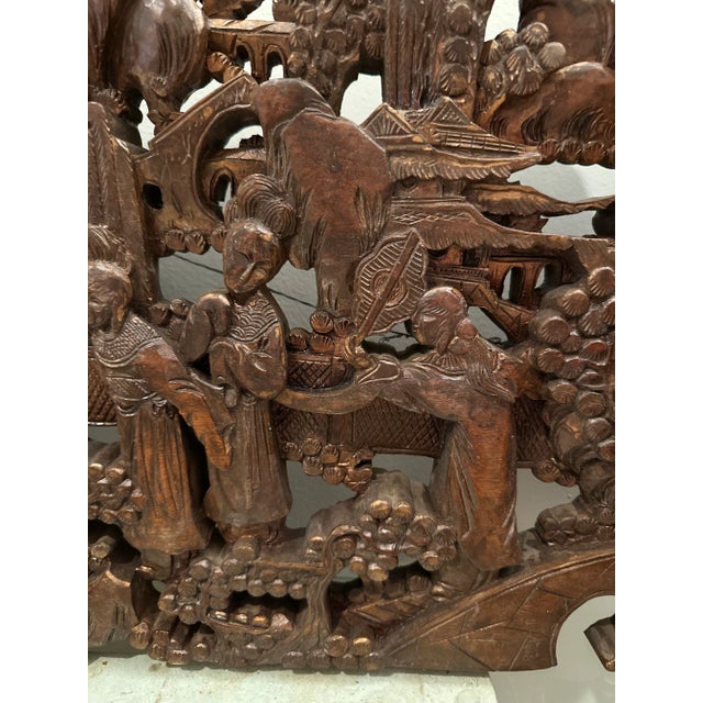 Antique Asian Hand-Carved Wall Art Wood Sculpture Fine Art Scenes For Sale - Image 10 of 12