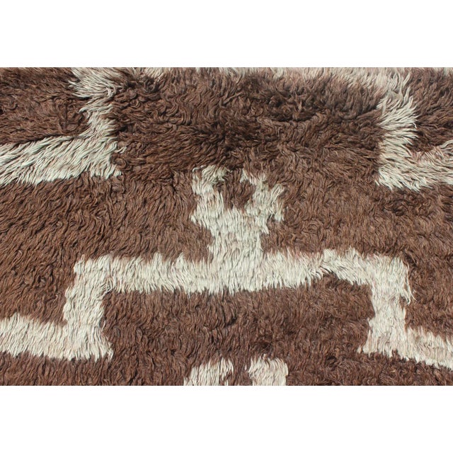 Brown Vintage Mid-Century Modern Turkish Tulu With Tribal Pattern in Ice Blue and Brown Rug For Sale - Image 8 of 13