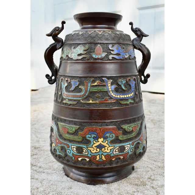 Antique Japanese Shaped Vase Bronze & Champleve Enamel Base For Sale - Image 12 of 12