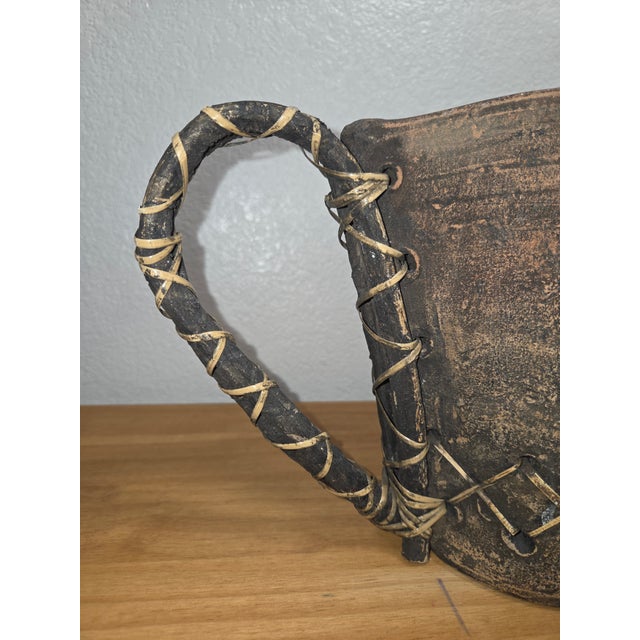 Brown Handcrafted Primitive Clay Vessel With Wrapped Vine Handles, Rustic Folk Art Sculptural Vase For Sale - Image 8 of 12