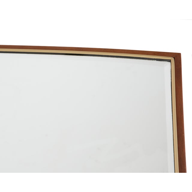 1960s Hoke Wood Products Furniture Company Walnut Brass Beveled Glass Boat Shaped Mirror - A Pair For Sale - Image 5 of 9