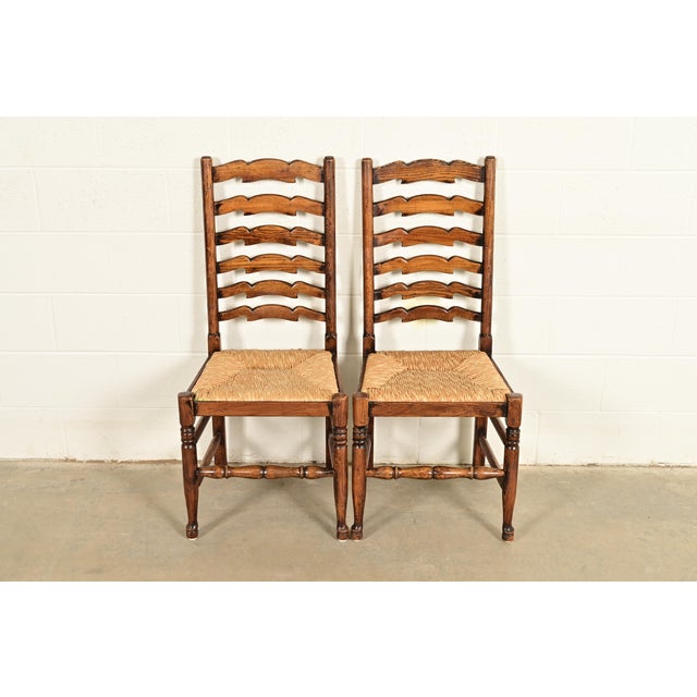 Baker Furniture Style English Country Rustic Carved Solid Oak Ladder Back Dining Chairs With Rush Seats, Pair For Sale - Image 13 of 13