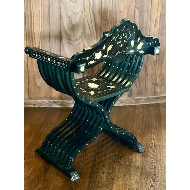 19th-Century Antique Italian Renaissance Revival Inlaid Bone Savonarola Chair For Sale - Image 9 of 18