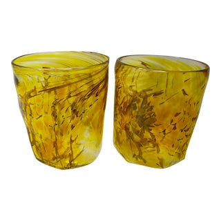Vintage Murano Goti De Fornasa Amber Yellow & Brown Swirl Art Glass Tumblers — Pair For Sale