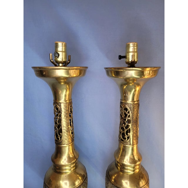 Chinoiserie 1950s Hollywood Regency James Mont Attributed Asian Brass Table Lamps - a Pair For Sale - Image 3 of 13