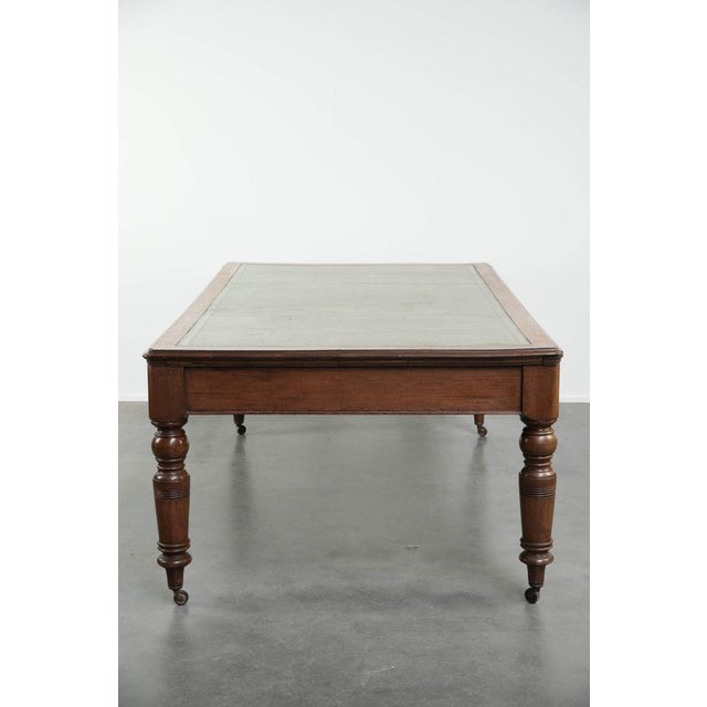 Antique English Writing Desk on Wheels with Drawers and Green Leather Top For Sale - Image 4 of 14