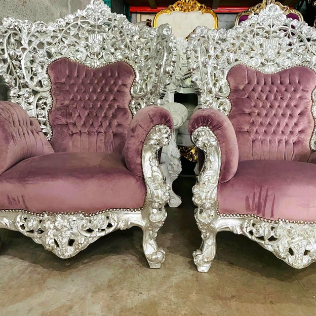 Rococo Style Throne Chair Set of 2 – Purple Mauve Velvet With Silver Leaf Hand-Carved Frame For Sale - Image 4 of 6