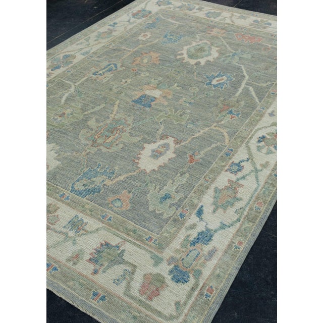 Turkish Green & Blue Turkish Oushak Rug 6'1" x 8'10" For Sale - Image 3 of 9