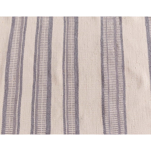 Textile Dhurrie Modern Striped Beige With Blue Flatweave Runner "Colonna" For Sale - Image 7 of 8