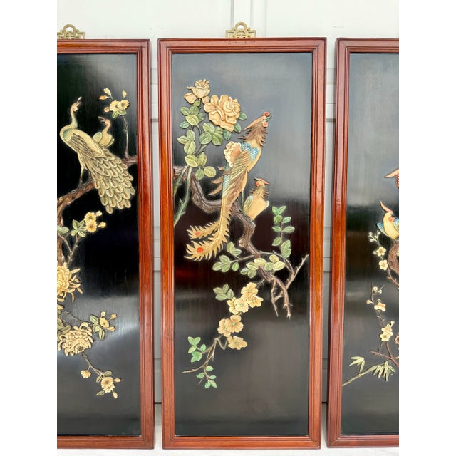 Mid 20th Century Set of 4 Asian Chinoiserie Hand Carved Soapstone and Lacquer Wall Art Panels For Sale - Image 5 of 12