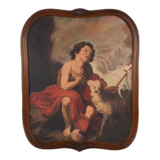 Signed St. John the Baptist as a Child After Murillo Oil on Canvas on Board For Sale