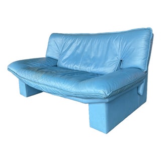 Vintage Postmodern Italian Nicoletti Attrb Blue Leather Loveseat For Sale