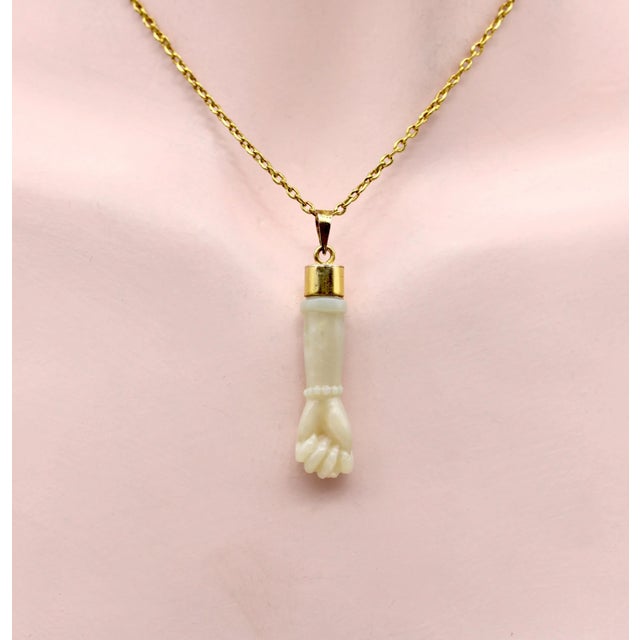 1940s Vintage Carved Opal Figa Pendant with 14K Gold Cap For Sale - Image 5 of 6