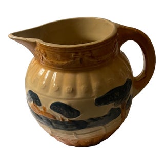 Antique 1910s Attributed to Roseville Yellow Ware Woodlands Pitcher Glazed Countryside Scene For Sale