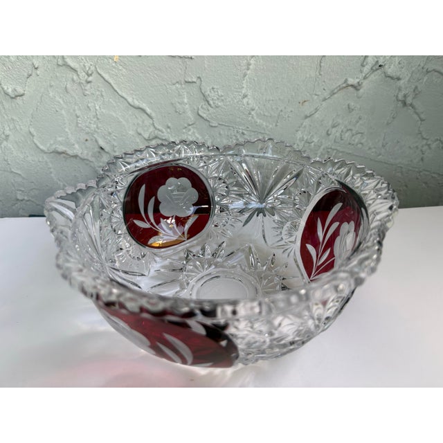 Vintage German Hofbauer Ruby Flashed & Etched Lead Crystal Covered Candy Dish With Rose Motif For Sale - Image 9 of 11