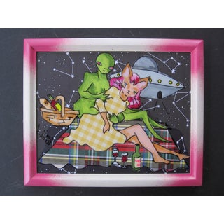 Picnic by Louis Recchia | Acrylic & Collage on Plexiglas featuring aliens and a picnic scene For Sale