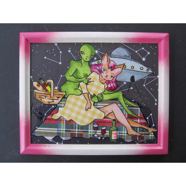 Picnic by Louis Recchia | Acrylic & Collage on Plexiglas featuring aliens and a picnic scene For Sale