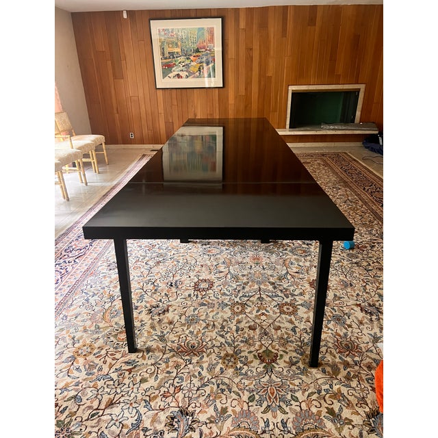 Mid 20th Century Black Lacquer Extension Dining Table With Asian-Inspired Fretwork Base, Two Leaves and Custom Protective Pads For Sale - Image 9 of 10