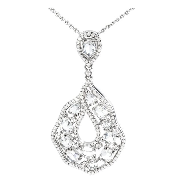 Late 20th Century 14K White Gold Topaz Diamond Drop Pendant Necklace For Sale