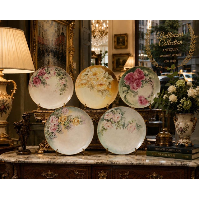An exceptional and remarkably cohesive set of five antique French Limoges porcelain cabinet plates, each individually...