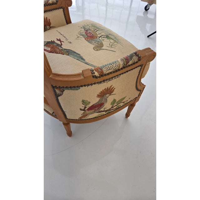 1980s French Louis XVI Style Armchair With Upholstered Bird Tapestry Fabric For Sale - Image 9 of 15