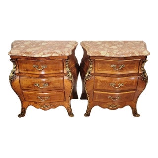 Pair Vintage French Louis XV Style Bronze Marble Bombay Chest Nightstand Tables For Sale