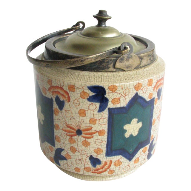 Antique Burslem English Pottery Imari Biscuit Jar With Silver Plate Lid