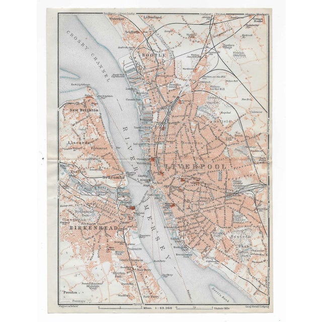 Vintage map of Liverpool, Birkenhead and the Mersey River in the United Kingdom. Combined shipping available, please inquire.