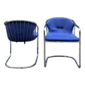 Chrome Cantilever Chairs with Blue Seats by Gastone Rinaldi for Alma, Set of 2 For Sale