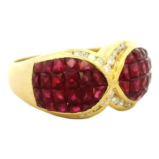 1990s Italian 18k Gold Ruby Diamond Crossover Cocktail Ring, Size 6.5 For Sale