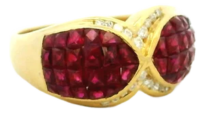 1990s Italian 18k Gold Ruby Diamond Crossover Cocktail Ring, Size 6.5