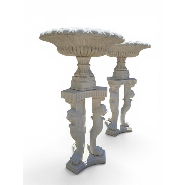 Large Greco-Roman Marble Kraters on Tripod Pedestals with Lion Paw, 1970, Set of 2 For Sale - Image 3 of 14