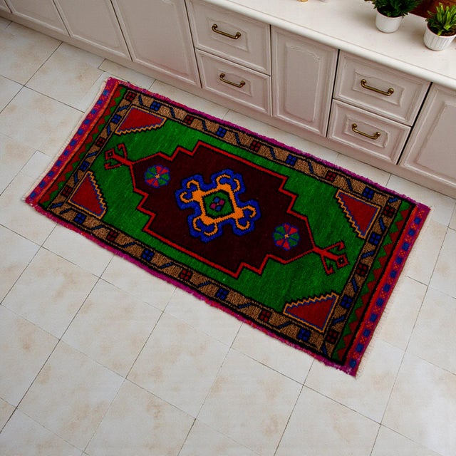 Mid-Century Modern Hand Made Oushak Rug. Colorful Mini Rug, Bath Mat, Kitchen Sink Decor 1'6" X 3'1" For Sale - Image 3 of 14