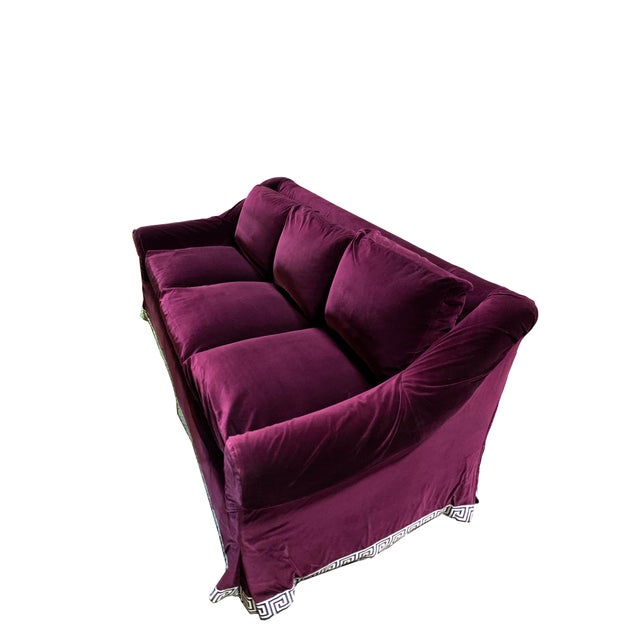 Custom Slipcovered Aubergine Velvet Sofa with Down Cushions and Greek