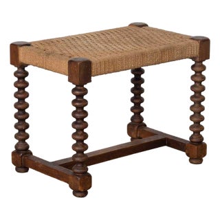 1940s French Wood and Woven Bobbin Stool For Sale